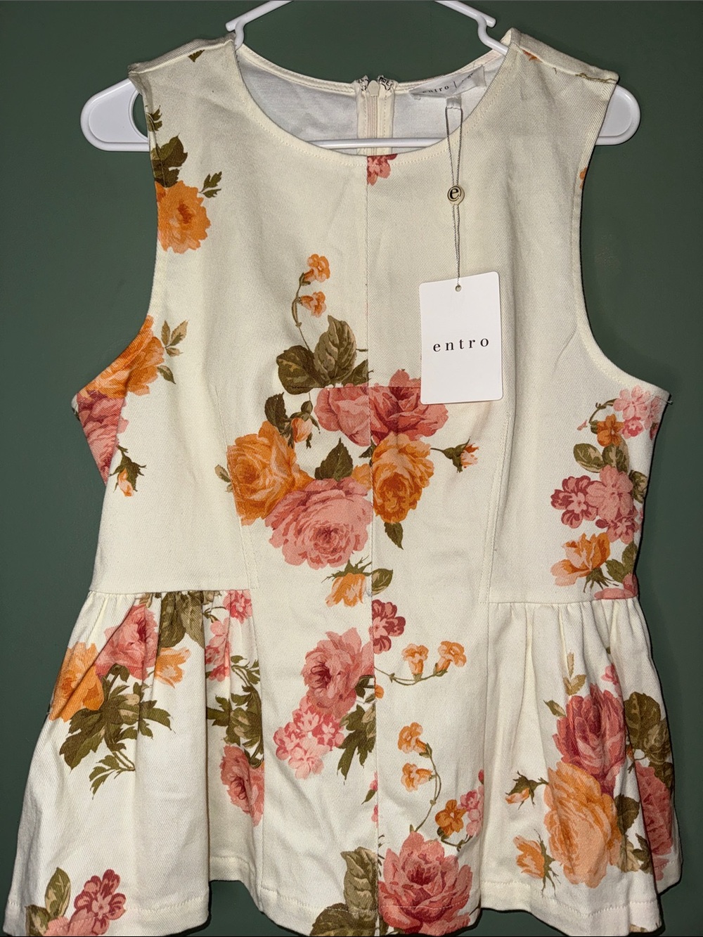 Entro Viviana Cream Floral Denim Matching Set Wide Leg Peplum Large - Picture 4 of 12